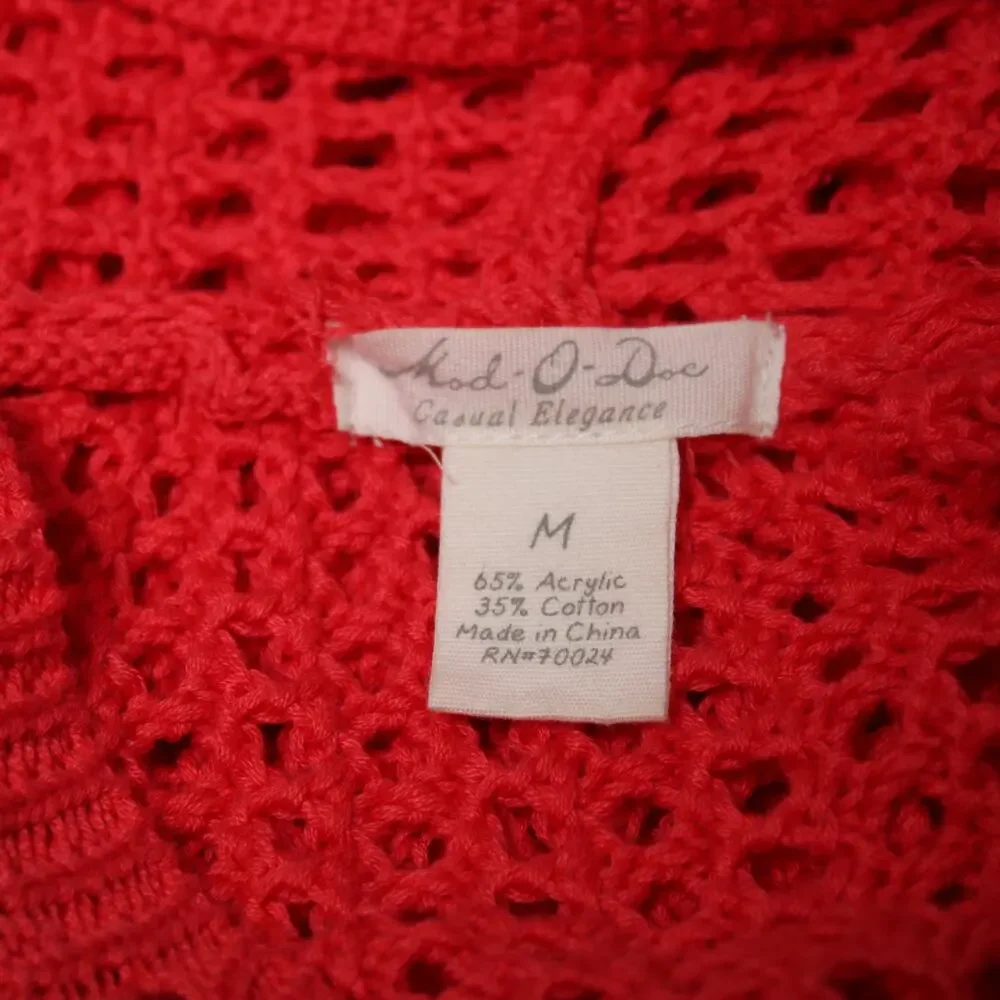 Mododoc Pointelle Open Stitch Hooded Lace-Up Sweater Neon Coral Size M